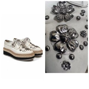 Prada Spazzolato Leather Oxford Brogue 3D Floral Studs Shoes Sneakers Platform